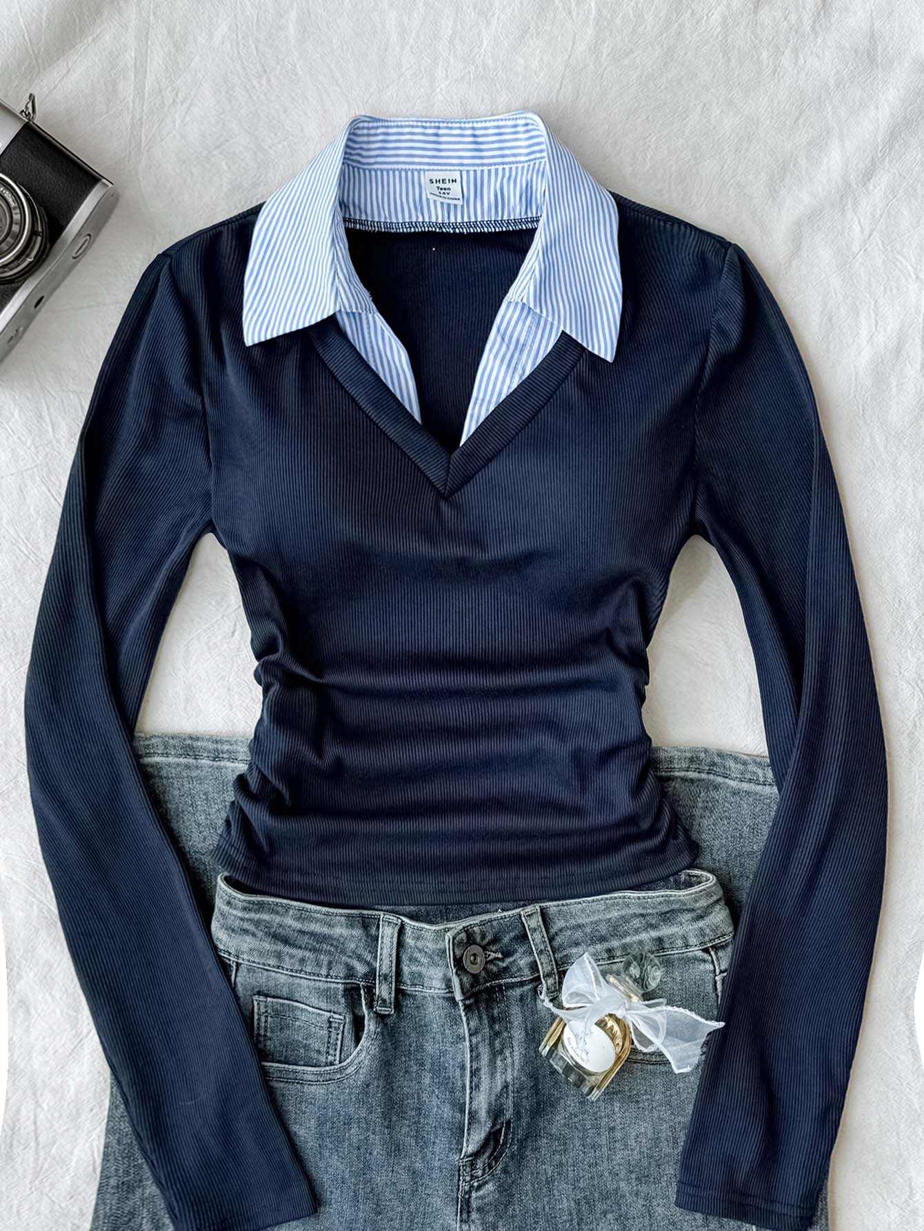 SHEIN Tween Girls T-Shirts, College Navy And White Striped Patchwork Collar, Long Sleeve, 2 In 1 Back-To-School School Autumn Casual - Blue and White - View 1