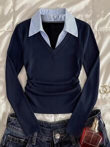 SHEIN Tween Girls T-Shirts, College Navy And White Striped Patchwork Collar, Long Sleeve, 2 In 1 Back-To-School School Autumn Casual - Blue and White - View 2