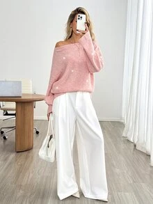 Easowa 女款秋冬時尚亮片裝飾毛衣 灰粉色 休閒簡約浪漫約會日常穿搭 - 粉色 - 查看 4