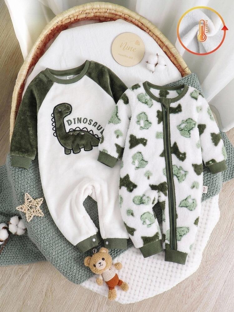 SHEIN Baby Boy Cartoon Animal Pattern Fleece Lined Thick Round Neck Long Sleeve Romper, Comfortable Skin-Friendly Versatile Fashion Minimalist Basic Style, Suitable For Indoor, Outdoor, Daily, Sports, Play, Party, Photo, Holiday, Christmas, Dinosaur Set, Infant Romper - Army Green - View 8