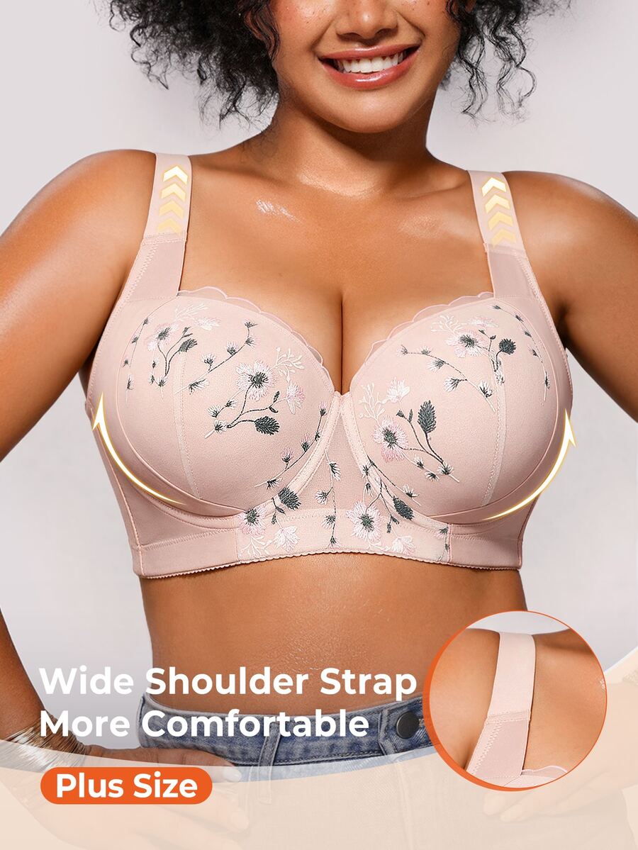 Bareli Dear Plus Size Mesh Embroidered Sexy Bra With Underwire And Side Support, Women's Lingerie Bra, 1pc - Pink - View 1
