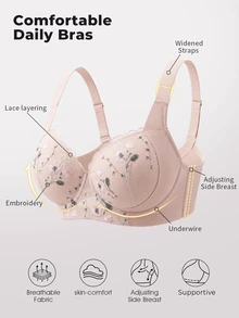 Bareli Dear Plus Size Mesh Embroidered Sexy Bra With Underwire And Side Support, Women's Lingerie Bra, 1pc - Pink - View 8