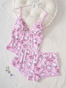 HELLO KITTY AND FRIENDS | SHEIN Cartoon Print Camisole & Hipster Panty Set - Pink - View 3