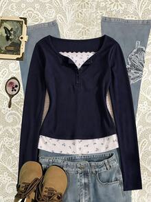 SHEIN Teen Girls Grey & Black Striped Collar Button Decor Lace Trim Long Sleeve Casual Versatile Design T-Shirt, Suitable For Spring & Autumn, Perfect For Daily Wear, Commuting, Travel, Parties - Blue - View 9