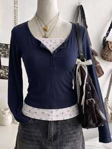 SHEIN Teen Girls Grey & Black Striped Collar Button Decor Lace Trim Long Sleeve Casual Versatile Design T-Shirt, Suitable For Spring & Autumn, Perfect For Daily Wear, Commuting, Travel, Parties - Blue - View 1