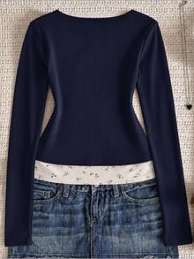 SHEIN Teen Girls Grey & Black Striped Collar Button Decor Lace Trim Long Sleeve Casual Versatile Design T-Shirt, Suitable For Spring & Autumn, Perfect For Daily Wear, Commuting, Travel, Parties - Blue - View 2