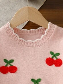 Fashionable Versatile Cute Cherry Pattern Girls Toddler Pullover Round Neck Sweater - Pink - View 5