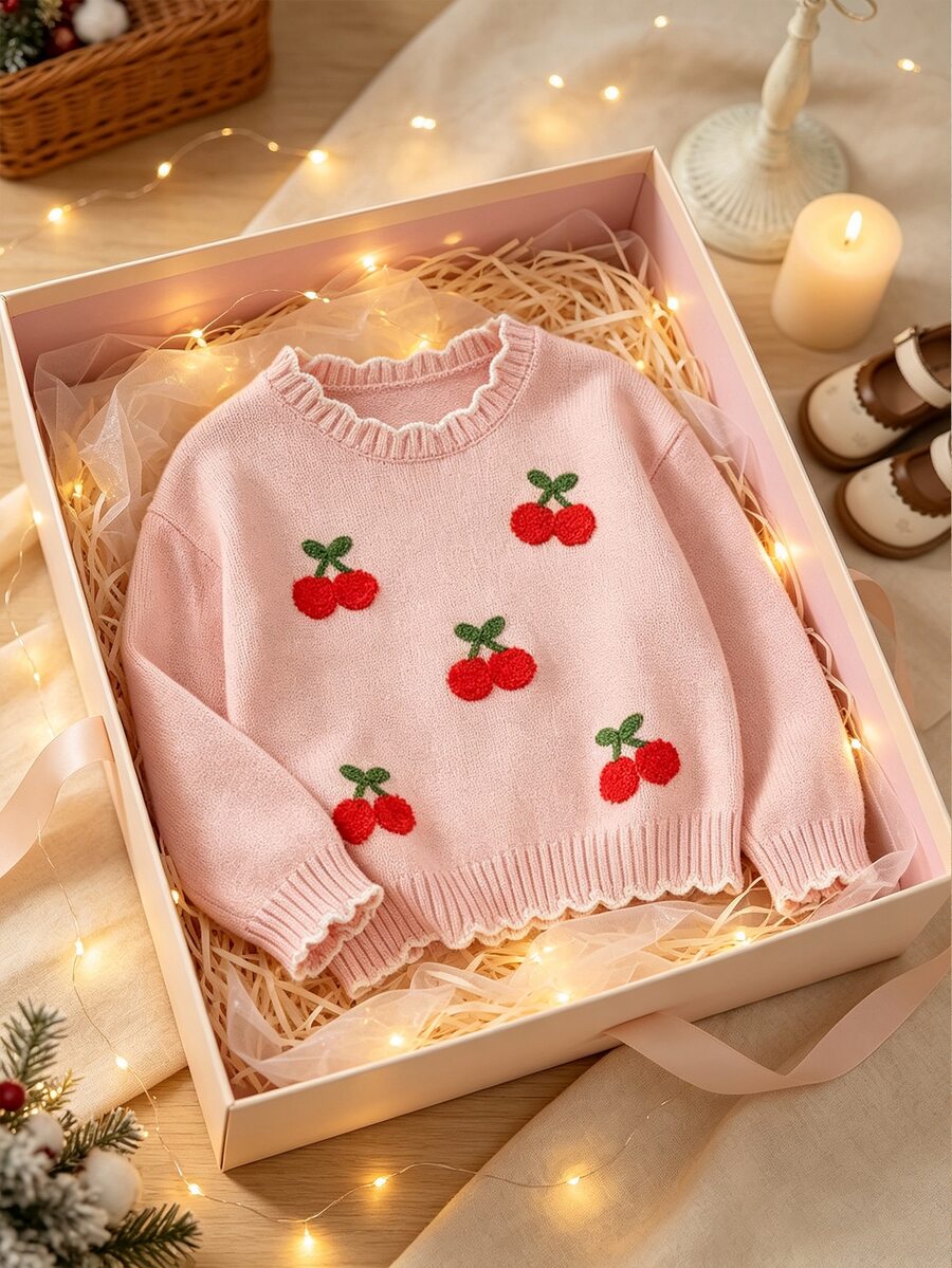 Fashionable Versatile Cute Cherry Pattern Girls Toddler Pullover Round Neck Sweater - Pink - View 1