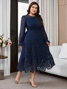 Reflora Plus Size Elegant Solid Color Hollow Lace Dress, Autumn - Navy Blue - View 1