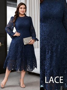 Reflora Plus Size Elegant Solid Color Hollow Lace Dress, Autumn - Navy Blue - View 4