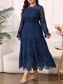 Reflora Plus Size Elegant Solid Color Hollow Lace Dress, Autumn - Navy Blue - View 6