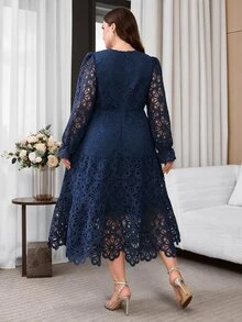 Reflora Plus Size Elegant Solid Color Hollow Lace Dress, Autumn - Navy Blue - View 2