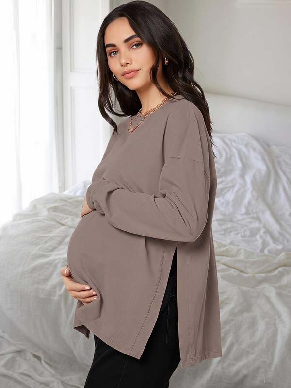 SHEIN Maternity Drop Shoulder Slit Hem, Slit Hem Tee World Cup Fall