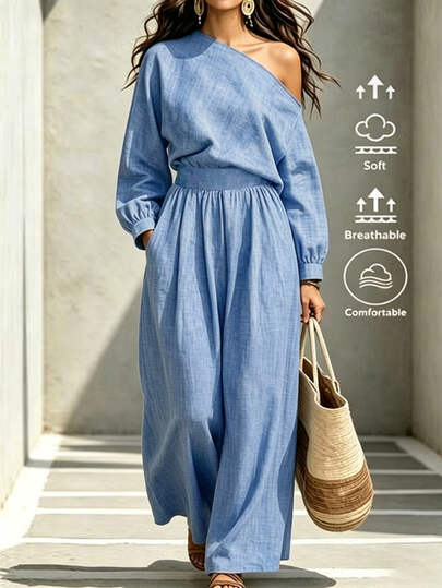 LUMIGAL Conjunto de 2 piezas para mujer con blusa de manga larga y hombro asimétrico de unicolor y pantalones de pierna ancha con bolsillo, azul claro, casual elegante para brunch y vacaciones de otoño