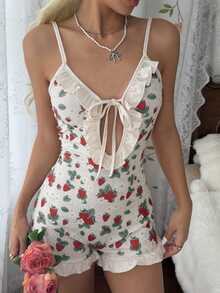 CottageSlumber Romantic Frill Trim Hollow Out Tie Design Strawberry Print Jacquard Spaghetti Strap Jumpsuit Nightgown - Multicolor - View 6