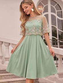 Levarali 女款春秋淺綠色圓領短袖披肩式二合一刺繡網紗長洋裝 - 0.霧綠 - 查看 1