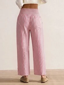 Bohemela 秋季度假女款休閒波西米亞復古編織格紋印花長褲，日常穿著，鄉村音樂會條紋長褲 - 紅白色 - 查看 3