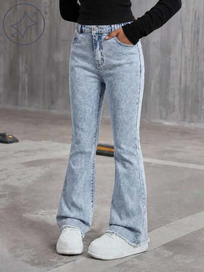 SHEIN Girls' Y2K Style Denim Jeans, Stretch Flare Leg Fit, Light Vintage Denim Blue, Street Fashion, Distressed Hem Effect, Suitable For All Seasons, Versatile Girls' Flare Denim Jeans