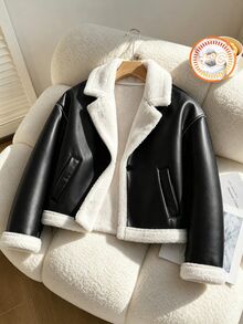 SHEIN Autumn/Winter Girls' Retro Motorcycle Style PU Lamb Fleece Jacket, Long Sleeve, Colorblock Large Lapel Thickened Leather-Fleece Integrated Coat - Black - View 9