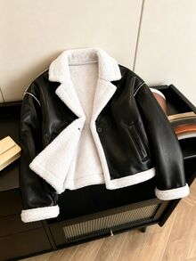 SHEIN Autumn/Winter Girls' Retro Motorcycle Style PU Lamb Fleece Jacket, Long Sleeve, Colorblock Large Lapel Thickened Leather-Fleece Integrated Coat - Black - View 3