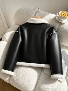 SHEIN Autumn/Winter Girls' Retro Motorcycle Style PU Lamb Fleece Jacket, Long Sleeve, Colorblock Large Lapel Thickened Leather-Fleece Integrated Coat - Black - View 2