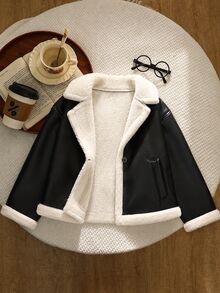 SHEIN Autumn/Winter Girls' Retro Motorcycle Style PU Lamb Fleece Jacket, Long Sleeve, Colorblock Large Lapel Thickened Leather-Fleece Integrated Coat - Black - View 8