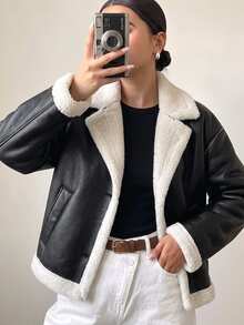 SHEIN Autumn/Winter Girls' Retro Motorcycle Style PU Lamb Fleece Jacket, Long Sleeve, Colorblock Large Lapel Thickened Leather-Fleece Integrated Coat - Black - View 1