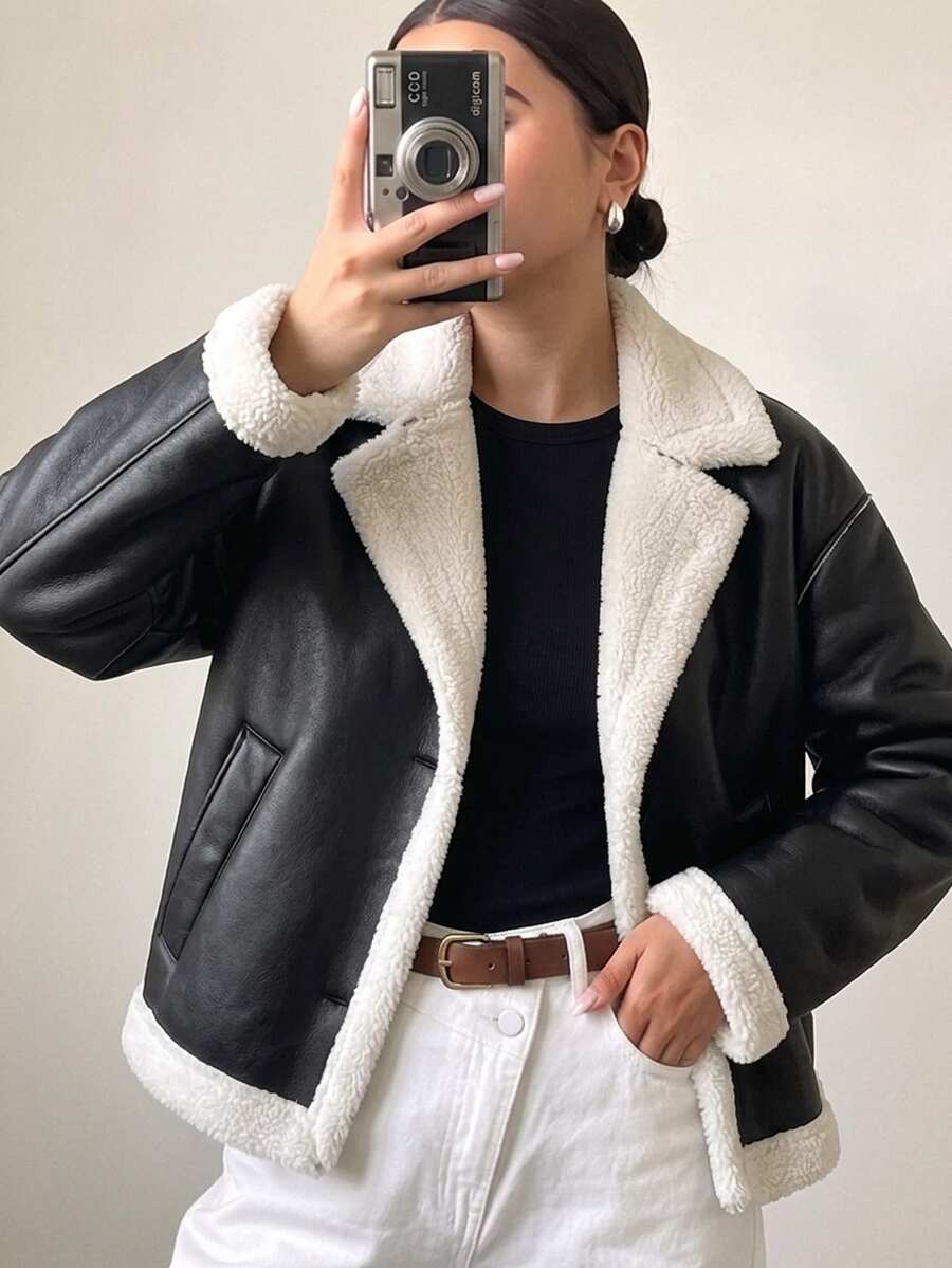 SHEIN Autumn/Winter Girls' Retro Motorcycle Style PU Lamb Fleece Jacket, Long Sleeve, Colorblock Large Lapel Thickened Leather-Fleece Integrated Coat - Black - View 1
