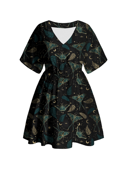 Robe gothique mystérieuse à col en V, grande taille, avec broderie papillon hippie sombre, soleil, lune et étoiles, style punk sombre pour fille sexy