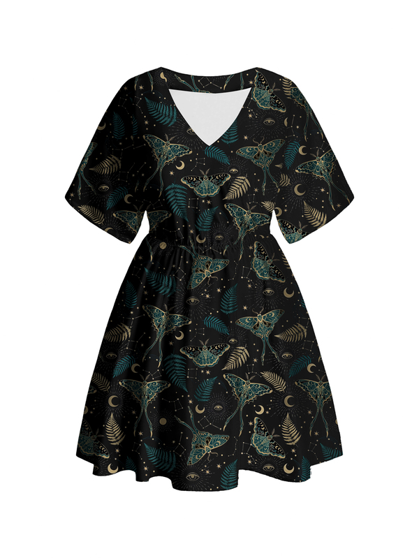 ROMWE Dunkles Hippie-Schmetterling besticktes Sonne Mond Sterne Dunkler Punk Heißes Mädchen Gothic Mysteriöses V-Ausschnitt Große Größen Kleid