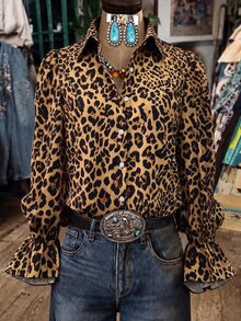 SHEIN Women's Vintage Western Leopard Print Button-Down Shirt, Bell Sleeve Shirt, Bohemian, Nomadic, Suitable For Everyday Commuting And Parties. - Multicolor - View 3