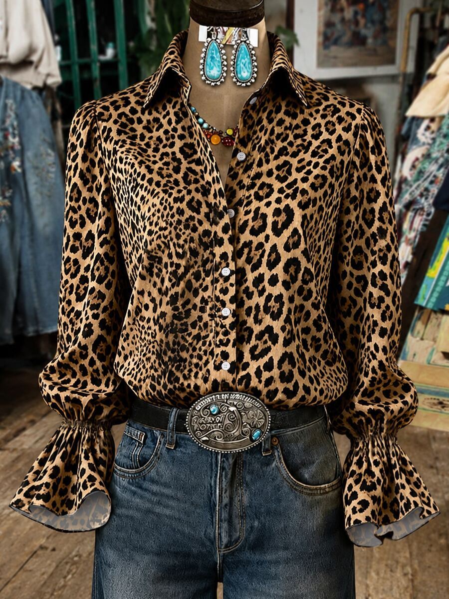 SHEIN Women's Vintage Western Leopard Print Button-Down Shirt, Bell Sleeve Shirt, Bohemian, Nomadic, Suitable For Everyday Commuting And Parties. - Multicolor - View 1