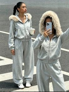 SHEIN 2件組女童套裝 連帽長袖前開襟拉鍊夾克，腰部與袖口抽繩設計，短版連帽衫，鬆緊腰寬鬆寬腿休閒運動長褲 - 灰色 - 查看 5
