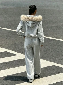 SHEIN 2件組女童套裝 連帽長袖前開襟拉鍊夾克，腰部與袖口抽繩設計，短版連帽衫，鬆緊腰寬鬆寬腿休閒運動長褲 - 灰色 - 查看 2