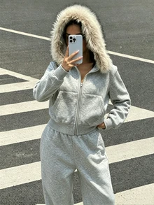 SHEIN 2件組女童套裝 連帽長袖前開襟拉鍊夾克，腰部與袖口抽繩設計，短版連帽衫，鬆緊腰寬鬆寬腿休閒運動長褲 - 灰色 - 查看 4