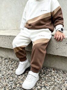 2pcs/Set Young Boy Casual Fashion Comfortable Sweatshirt Set, Digital Print Pattern, Long Sleeve Top, Outfit, Autumn/Winter Wear, White & Brown Colorblock Crew Neck Sweatshirt And Sweatpants Set - Multicolor - View 1