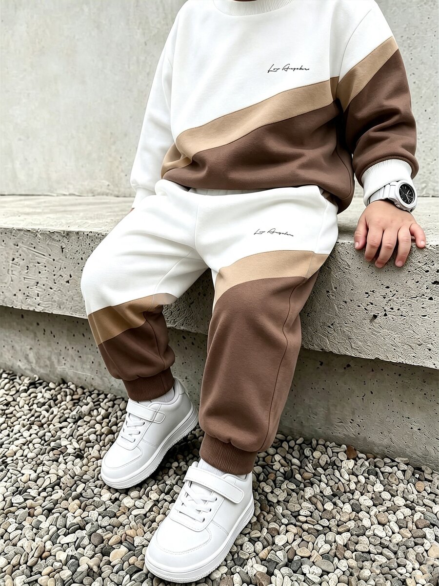 2pcs/Set Young Boy Casual Fashion Comfortable Sweatshirt Set, Digital Print Pattern, Long Sleeve Top, Outfit, Autumn/Winter Wear, White & Brown Colorblock Crew Neck Sweatshirt And Sweatpants Set - Multicolor - View 1