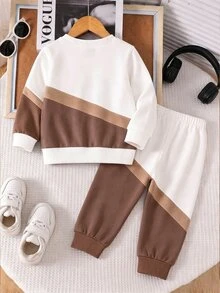 2pcs/Set Young Boy Casual Fashion Comfortable Sweatshirt Set, Digital Print Pattern, Long Sleeve Top, Outfit, Autumn/Winter Wear, White & Brown Colorblock Crew Neck Sweatshirt And Sweatpants Set - Multicolor - View 4