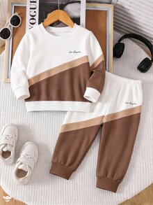 2pcs/Set Young Boy Casual Fashion Comfortable Sweatshirt Set, Digital Print Pattern, Long Sleeve Top, Outfit, Autumn/Winter Wear, White & Brown Colorblock Crew Neck Sweatshirt And Sweatpants Set - Multicolor - View 2