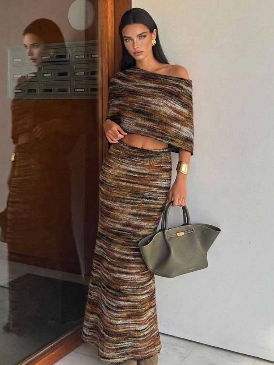 Aloruh Women's Fashion Asymmetric Shoulder Colorblock Cropped Top And Skirt 2 Pieces Set Summer Clothes For Women Brunch Brown Striped Vintage Earthy 70s - Multicolor - View 1