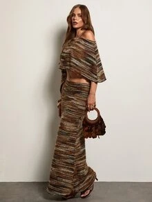 Aloruh Women's Fashion Asymmetric Shoulder Colorblock Cropped Top And Skirt 2 Pieces Set Summer Clothes For Women Brunch Brown Striped Vintage Earthy 70s - Multicolor - View 5