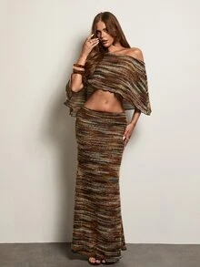 Aloruh Women's Fashion Asymmetric Shoulder Colorblock Cropped Top And Skirt 2 Pieces Set Summer Clothes For Women Brunch Brown Striped Vintage Earthy 70s - Multicolor - View 4