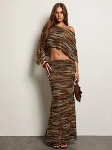 Aloruh Women's Fashion Asymmetric Shoulder Colorblock Cropped Top And Skirt 2 Pieces Set Summer Clothes For Women Brunch Brown Striped Vintage Earthy 70s - Multicolor - View 7