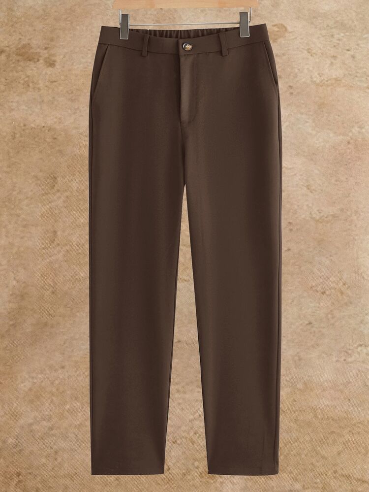 HIMLAND Men's Woven Fitted Casual Long Mid-Waist Straight Leg Suit Pants, Suitable For Spring And Summer - Brown - View 1