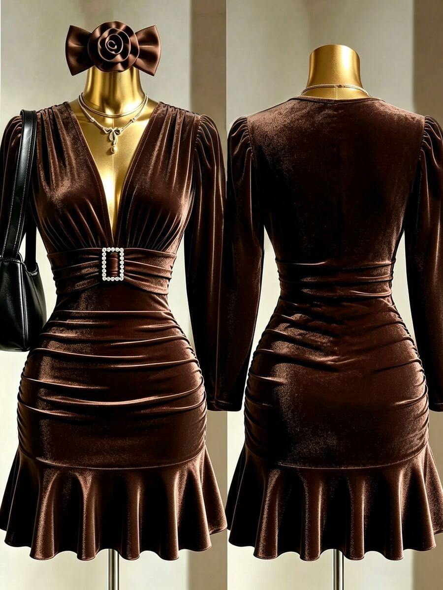Fine & Folde Gaun Mini Bodycon Model Duyung Slim-Fit Wanita Musim Gugur/Dingin, Berbahan Beludru, Berkerah V Dalam, Hiasan Berlian Imitasi, Gesper Persegi, dan Korset Pengencang Pinggang, Cocok untuk Kencan, Pesta, dan Pakaian Sehari-hari - Coklat - View 1