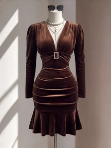 Fine & Folde Gaun Mini Bodycon Model Duyung Slim-Fit Wanita Musim Gugur/Dingin, Berbahan Beludru, Berkerah V Dalam, Hiasan Berlian Imitasi, Gesper Persegi, dan Korset Pengencang Pinggang, Cocok untuk Kencan, Pesta, dan Pakaian Sehari-hari - Coklat - View 3