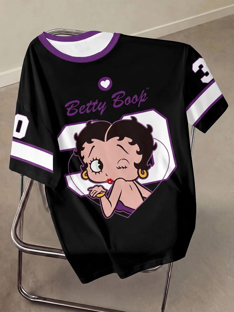 Betty Boop x SHEIN 女款字母愛心印花圓領短袖休閒街頭風T恤,日常外出穿著,黑色夏季款 - 白色 - 查看 1