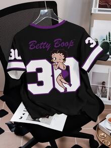 Betty Boop x SHEIN 女款字母愛心印花圓領短袖休閒街頭風T恤，日常外出穿著，黑色夏季款 - 白色 - 查看 2