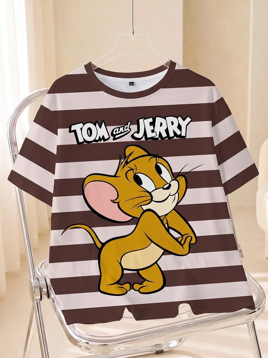TOM & JERRY X SHEIN Plus Size Summer Casual Colorblock Striped Cartoon Print T-Shirt - White - View 1