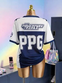 THE POWERPUFF GIRLS X SHEIN Women's Casual Letter & Cartoon Print Versatile Daily Wear T-Shirt - Navy Blue - View 2